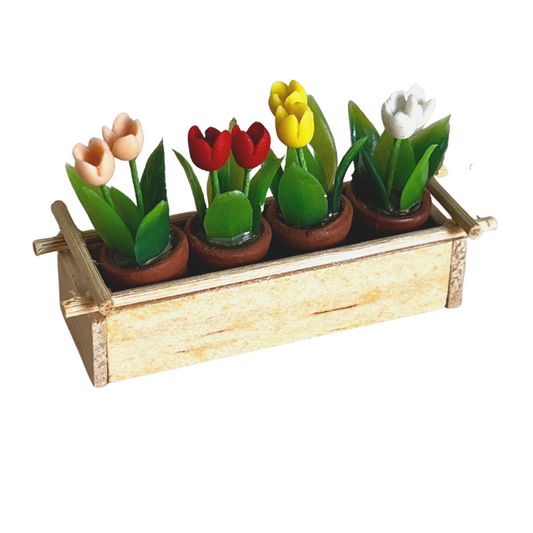 4 Tulpen mit Holzblumenkasten
